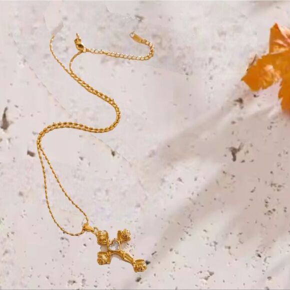 New Free People Gold Roses Cross Necklace with Heart Accent - Picture 4 of 11